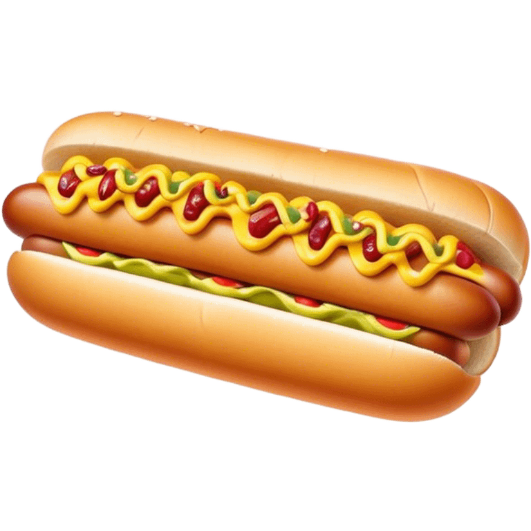 Cinematic Realistic Hot Dog Dish Emoji, featuring a classic hot dog in a bun topped with mustard and relish rendered with crisp textures and vibrant, dynamic lighting. emoji