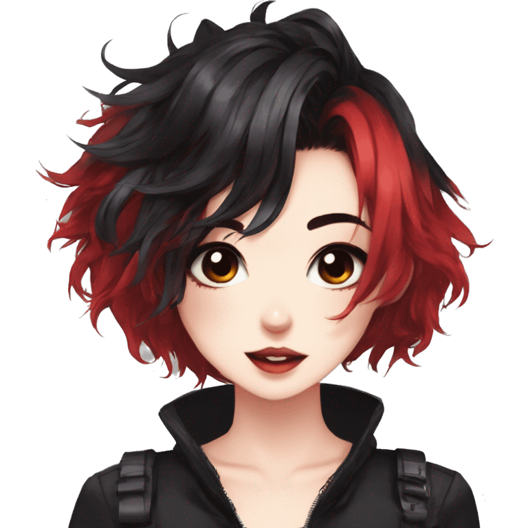 Gorgeous anime style lady with blushing face aesthetic and pretty edgy black red punk hair with hair garment trending style emoji