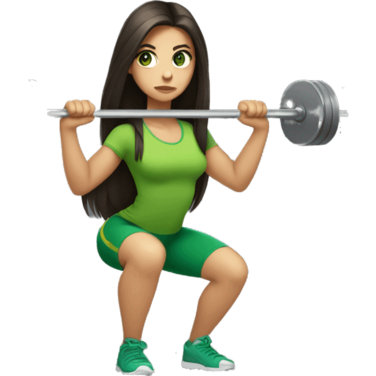 girl with long dark brown hair and green eyes squatting with a barbell emoji