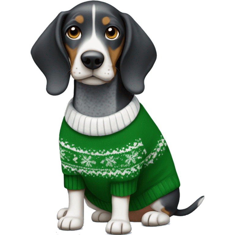 Miniature bluetick hound wearing a green Christmas sweater emoji