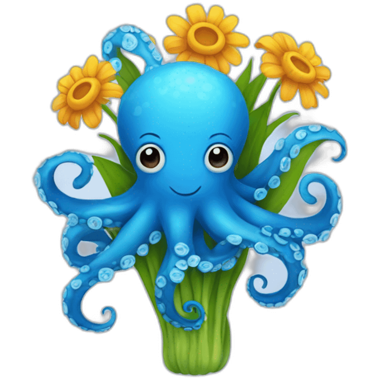 blue octopus, hold a bouquet of flowers emoji