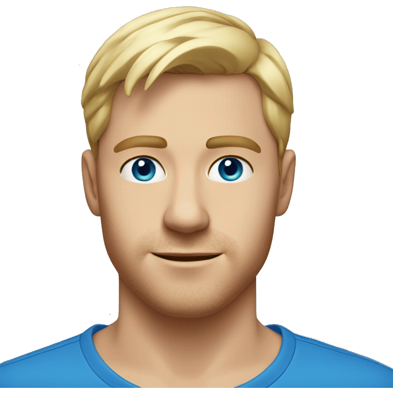 A head and shoulders shot of a 30 year old white man, with short blonde hair,   with blue eyes wearing a t-shirt. emoji