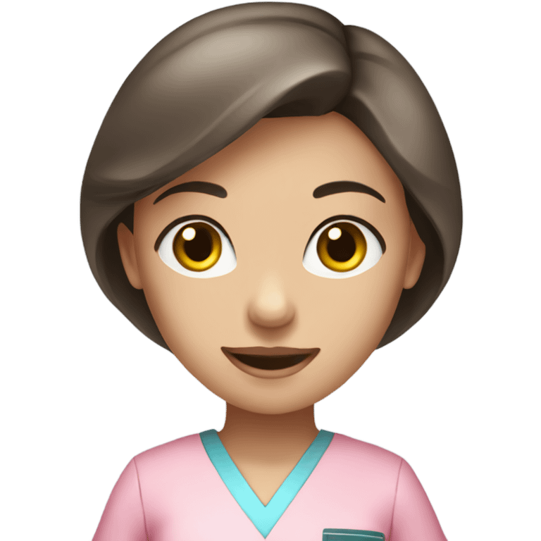 Young blue-eyed brunette Female Dentist wearing pink scrubs  emoji