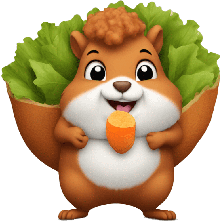 A fat squirrel with curly hair eating a sweet potato emoji