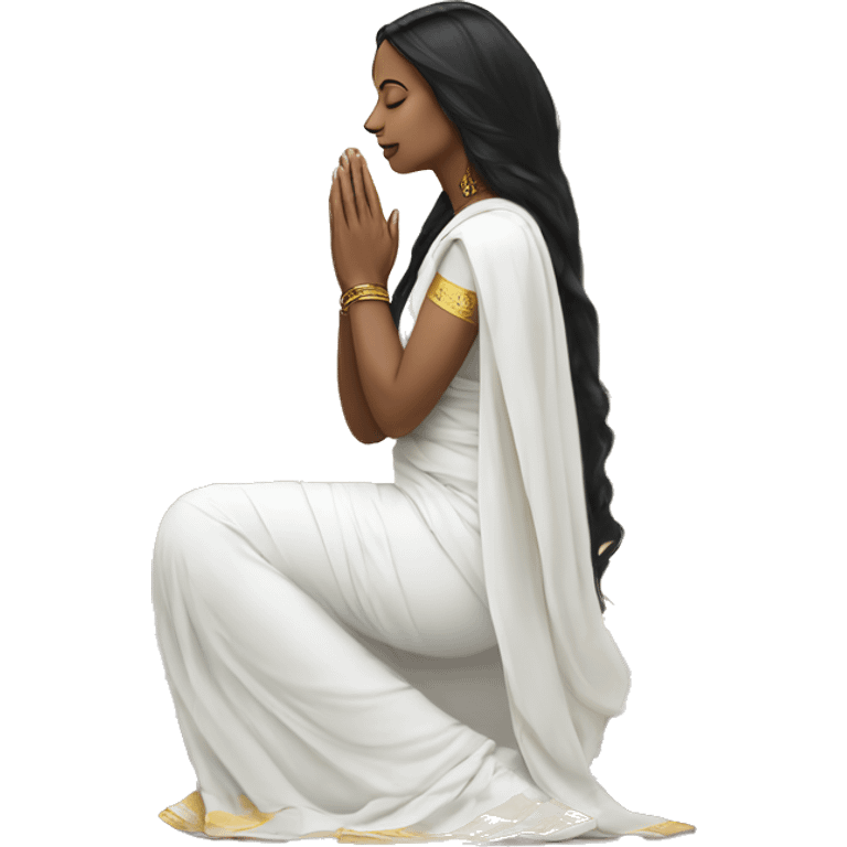 Light skin ;Black long hair wearing white saree praying infront a white temple emoji