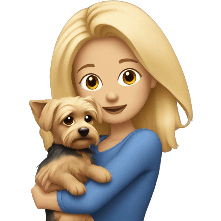 A blonde woman with her Yorkie cuddling emoji