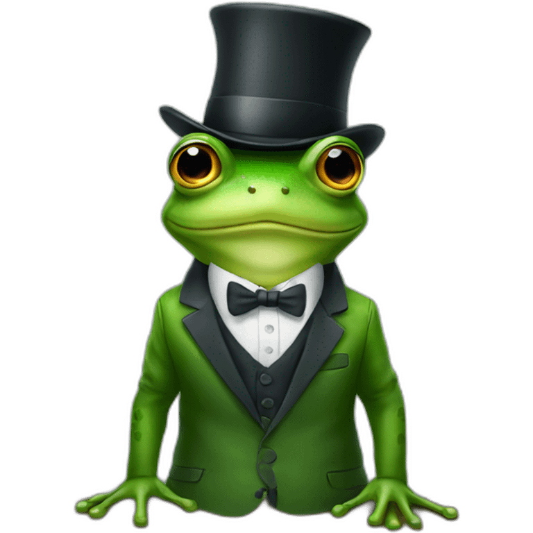 A frog wearing a suit looking straight sitting on a table and wearing a hat emoji