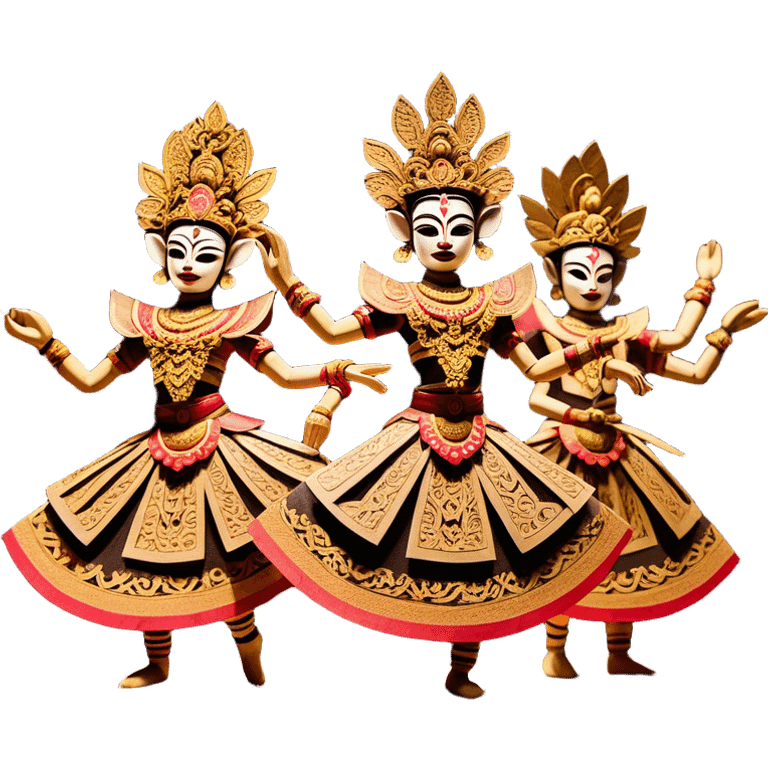 ​Cinematic Realistic Wayang Golek Ayun-ayun Dancers, depicted as intricately carved traditional wooden puppets in dynamic dance poses, adorned with vibrant painted details and expressive features, set against a softly lit stage that evokes centuries of Indonesian cultural heritage, rendered with lifelike textures and dramatic atmospheric lighting, emoji