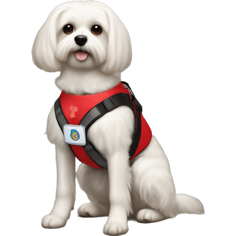 Maltese service dog wearing a red service dog vest with to bleck straps one in the front one around the belly  emoji