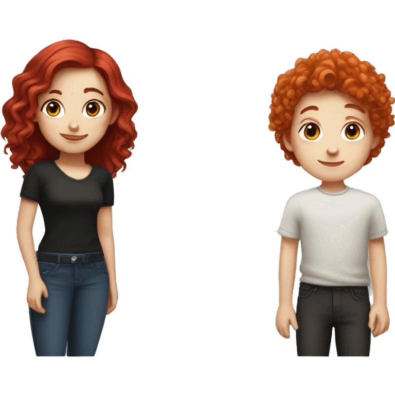 "A fair-skinned girl with vibrant red hair and a fair-skinned boy with jet-black hair. Both have distinct, striking features that highlight their white complexion and contrasting hair colors." emoji