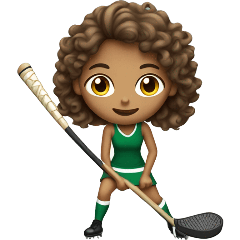 tan girl with curly brown hair playing field hockey emoji