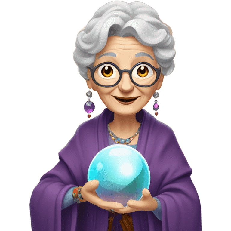 Wise Old Lady Fortune teller with crystal ball looking into the camera smiling emoji