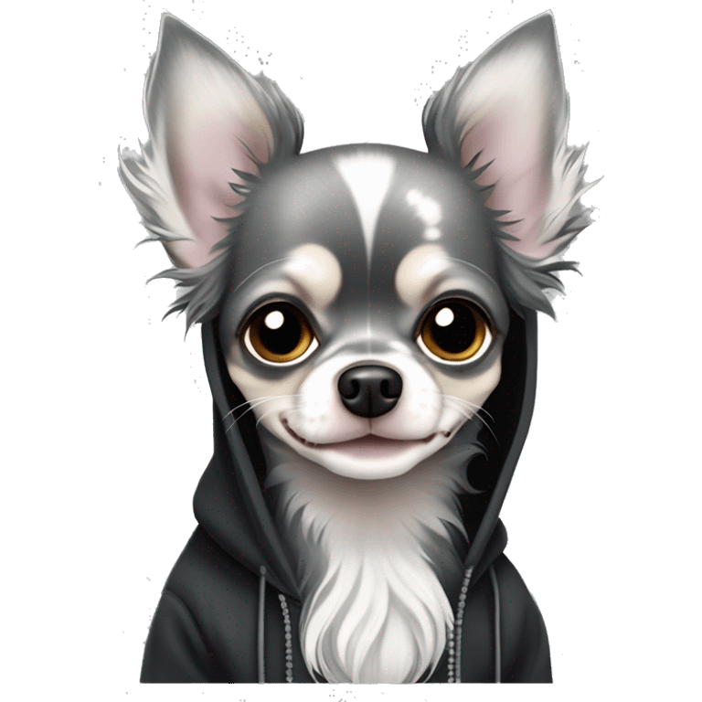 Dark Grey Merle light grey long hair chihuahua dog in a black hoody emoji