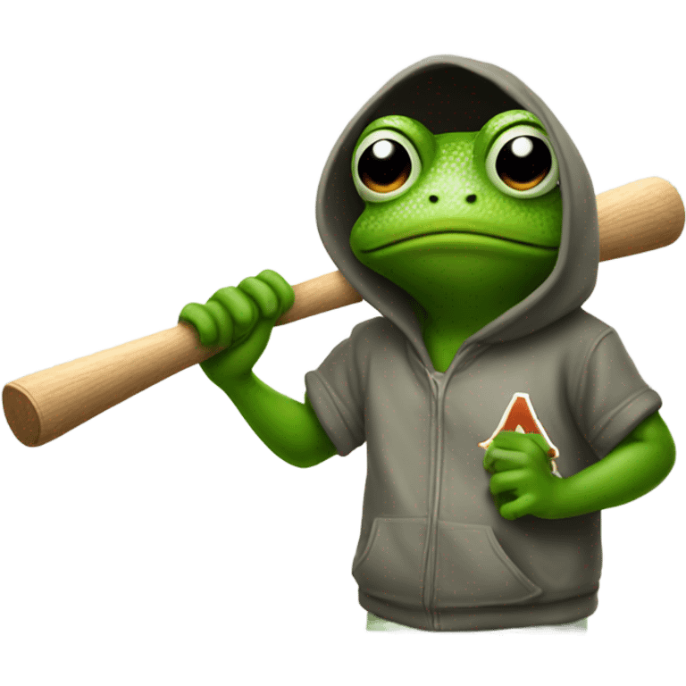 Frog holding a baseball bat with a hoodie on emoji