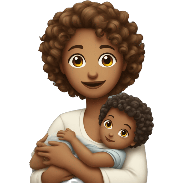 curly-haired girl with a 5 month old baby in her arms emoji