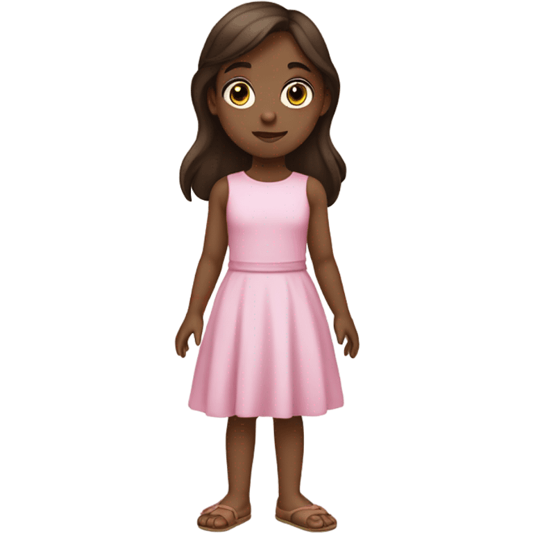 Little Girl with White skin, black eyes. Long brown hair with. She is wearing a pink and White dress, standing and holding  emoji