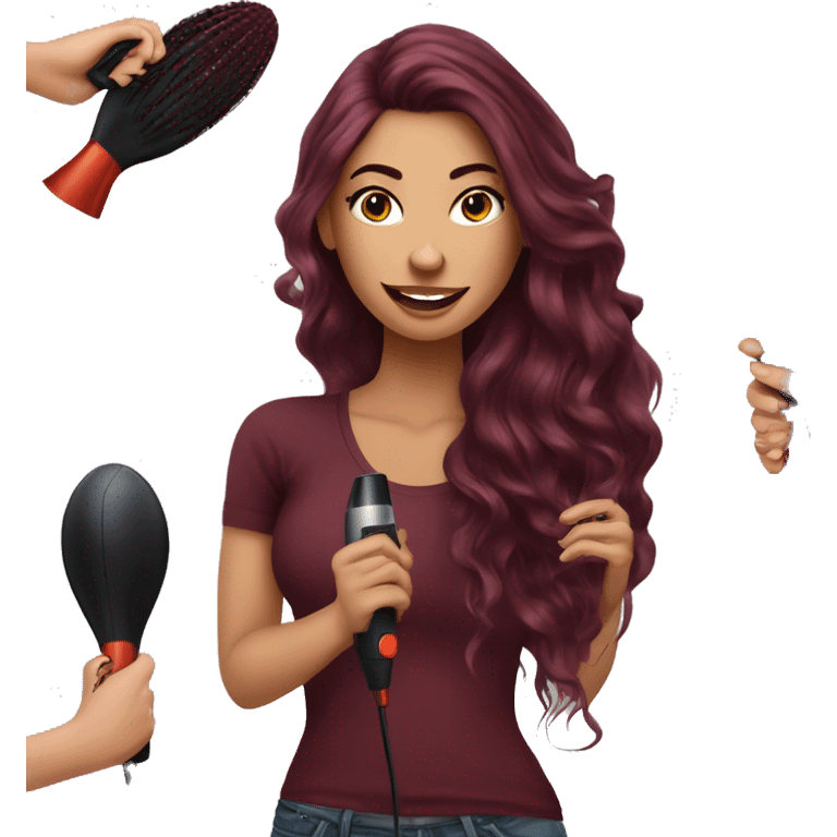 Beautiful tattooed  burgundy long haired woman blow drying her hair emoji