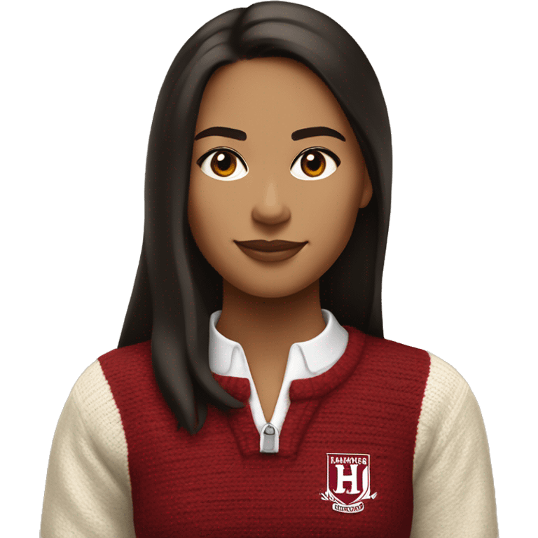 Girl with dark brown hair and tan white skin wearing a crimson and white sweater with the black crimson and white Harvard University logo on it  emoji