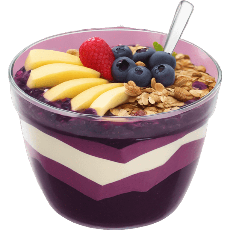 Açaí in a clear cup with layers of fruits and granola and condensed milk emoji