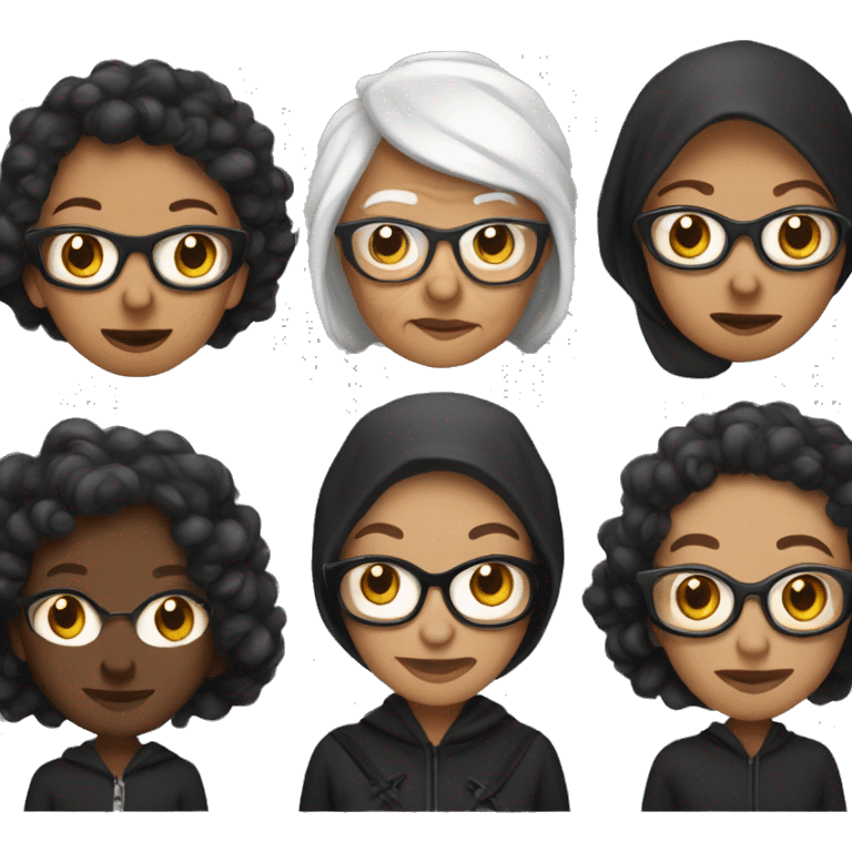 Mixed race group of Hacker grandmas wearing hacker style black hoodies emoji