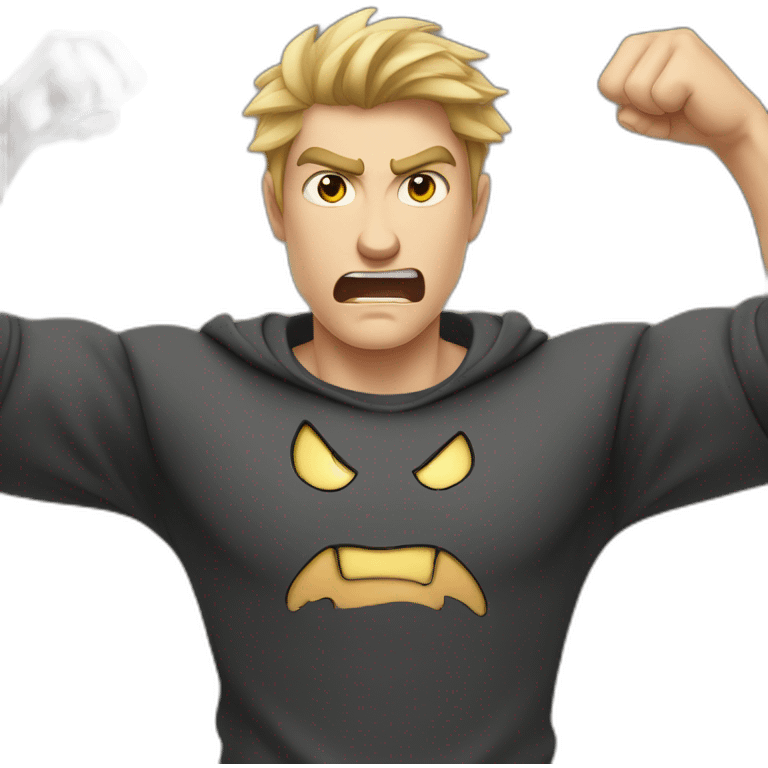 light haired angry young man in dark t-shirt with fists clenched over his head emoji