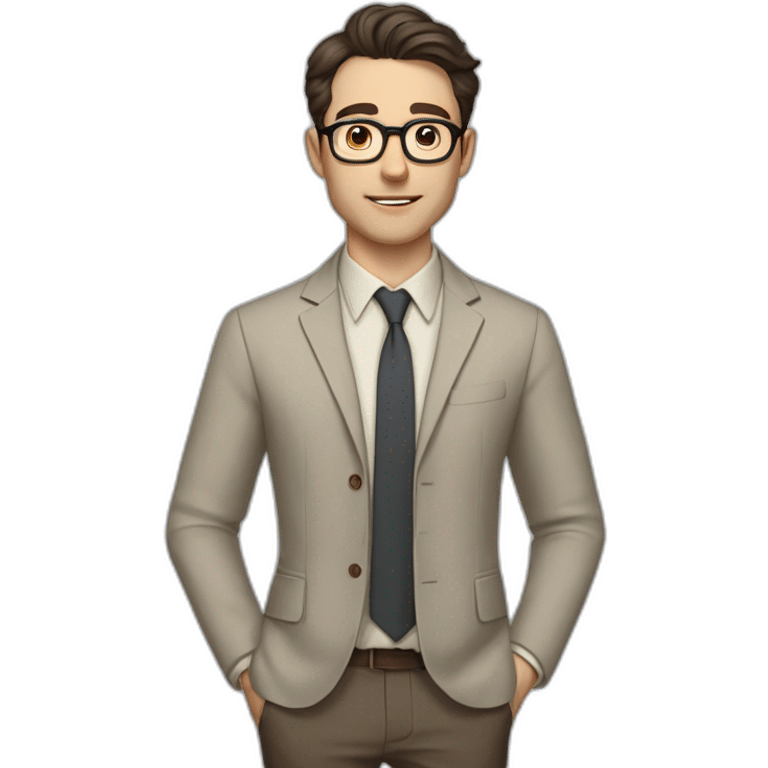 Full height Pale skinned Fit Man With dark brown hair in gray jacket, beige office shirt, tie, Brown pants and vintage glasses. Thrumbs of his palms directed up emoji