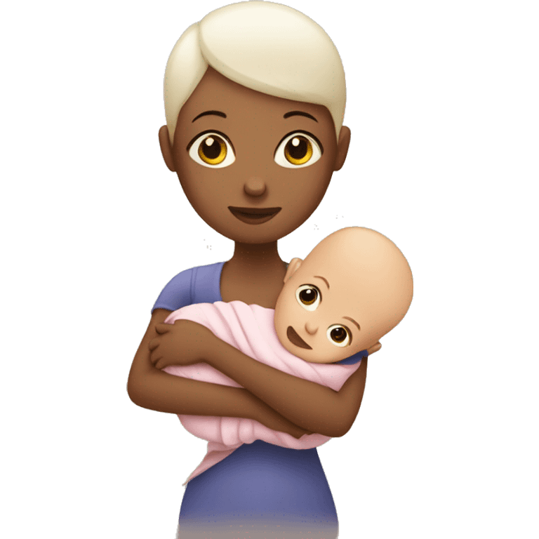 A women with no hair holding a baby the size of a house emoji