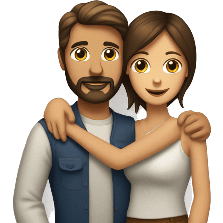 A brunette women and a brunette man with a beard hugging a beagle emoji