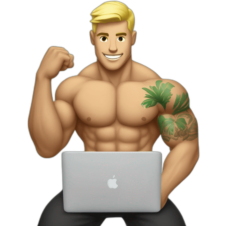 blonde, shorthair bodybuilder with hawaiin tattoos on his arms and macbook in his hand emoji