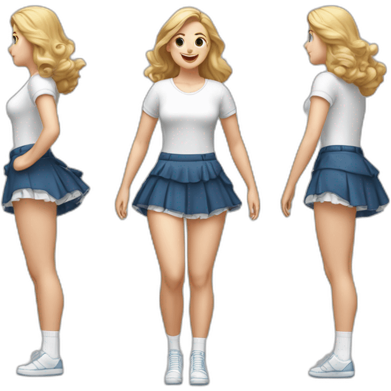 hyperrealistic-full-body-caucasian-curvy-beauty-jumping-small white-skirt-back-and-front-views-strong-wind-white knickers white socks emoji