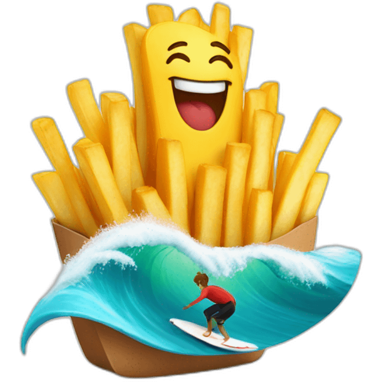 A French fries who is surfing on a big waves emoji