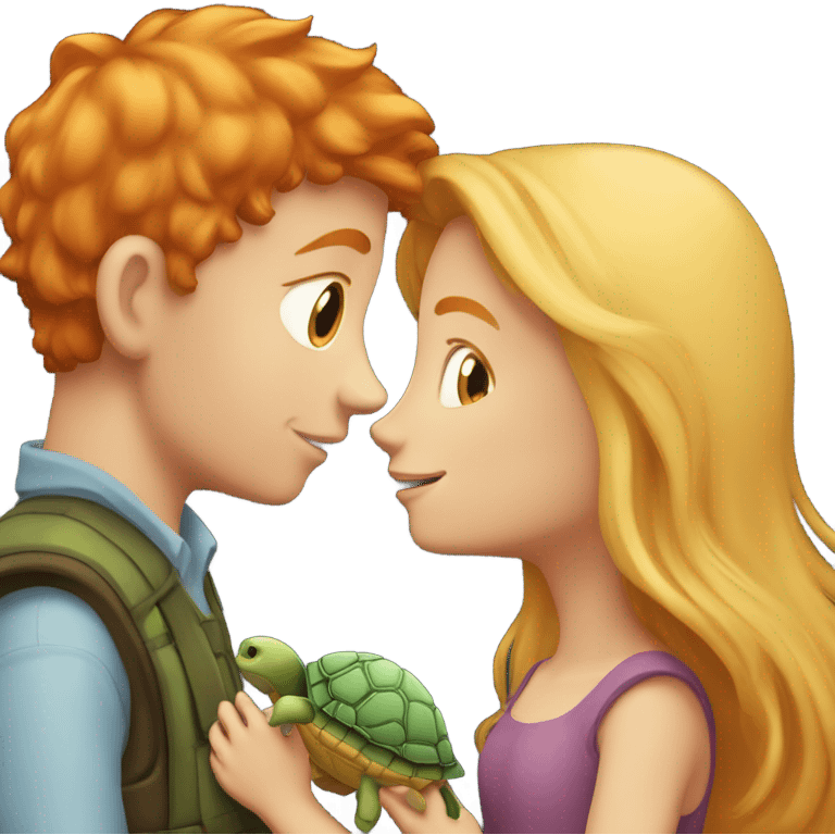 Ginger boy kissing a blond girl, both holding on to a turtle emoji