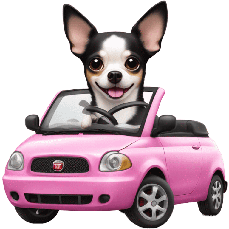 Black and white Chihuahua driving pink Fiat emoji