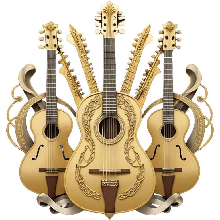 Create a complex, ceremonial, and professional emoji resembling a coat of arms, symbolizing plucked string instruments. The design should feature a combination of elements such as the necks and fretboards of various plucked string instruments like guitars, harps, and mandolins. The strings should be clearly visible, and the frets should be detailed. Intertwining with the instruments, there should be a flowing ribbon of musical notes, curving elegantly around the instruments and connecting them. The colors should include golden metallic tones, warm wood finishes, and silver accents to emphasize the professional and festive nature of the design. The background should be regal, using subtle textures or patterns to give a sense of grandeur, while keeping the instruments and notes as the focal point. The design should evoke a sense of celebration and sophistication, reflecting the rich tradition of plucked string instruments. emoji