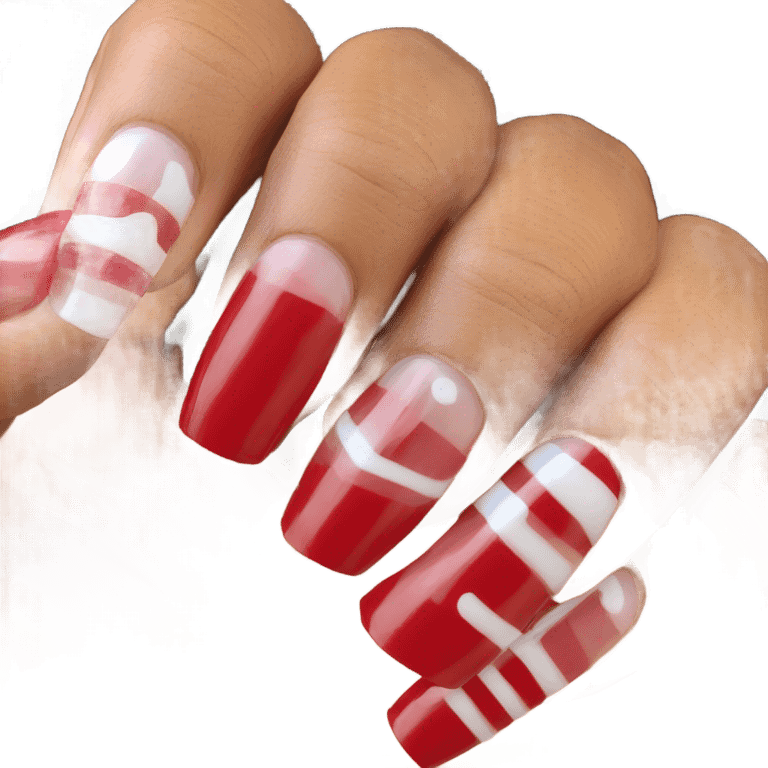 Long red and white acrylic nails on medium skin ton emoji