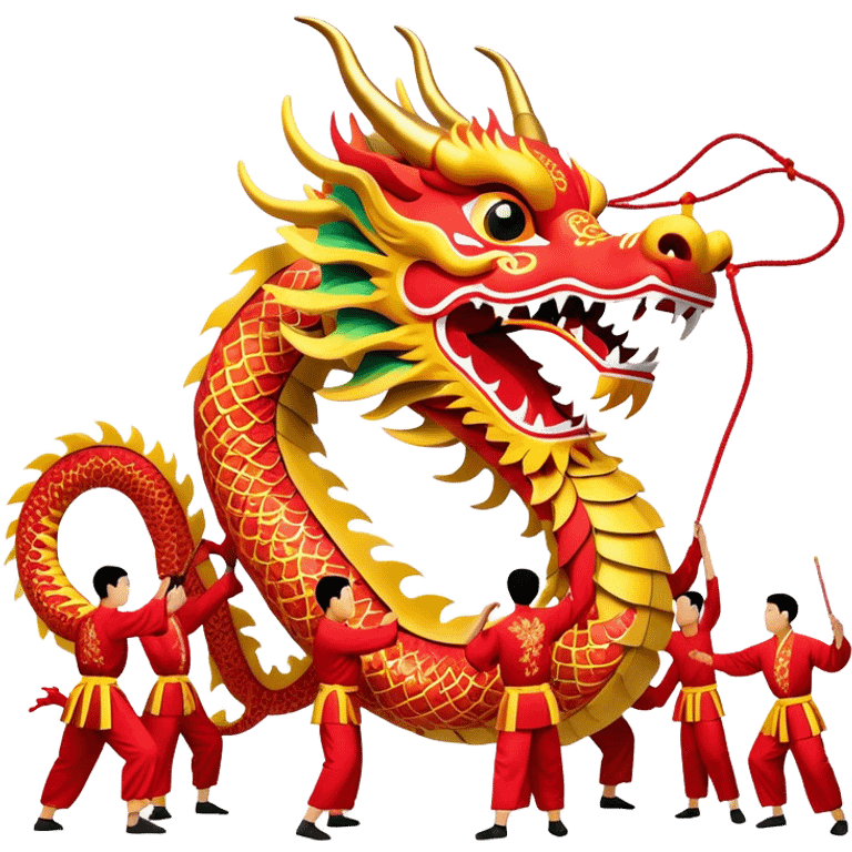 Cinematic Realistic scene of a traditional Chinese Dragon Dance featuring a team of performers skillfully manipulating a colossal, flexible dragon puppet, its intricately detailed, vibrant scales and flowing, embroidered fabric catching the light, set against a festive backdrop of red lanterns and dynamic red-tinged lighting that accentuates the majestic presence of the dragon puppet. emoji