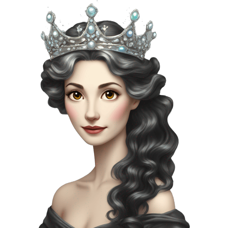 Regal pretty slender middle age woman photograph defined cheekbones high cheekbones crown vintage with very long iridescent black and silver hair wavy long hair pearl crown iridescent emoji