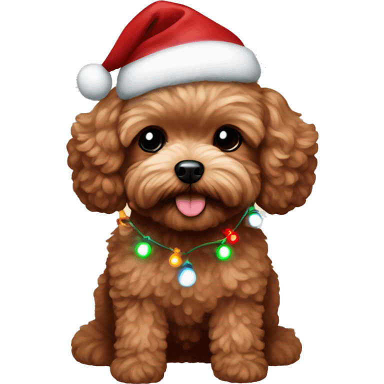 Dark Red maltipoo with Christmas lights decorated around its neck emoji