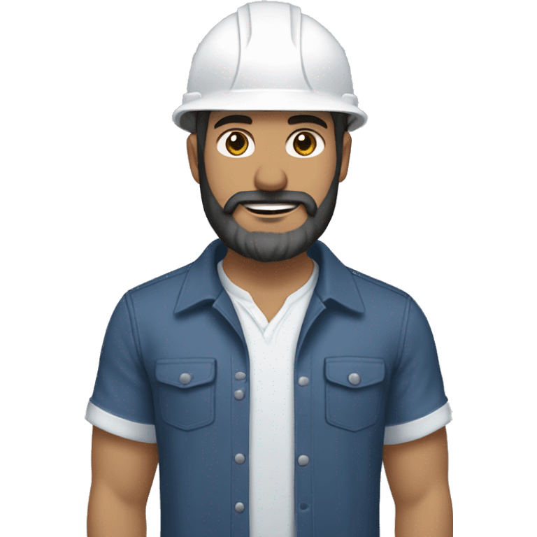 An engineer wearing light blue blouse and dark navy jeans and brown shoes and white helmet and white skin and black beard emoji