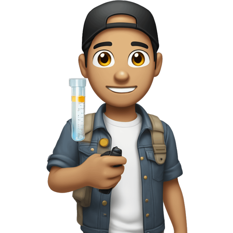 "Light-skinned Latino male with short black hair, wearing a backward cap front to back. Brown eyes, slightly thick lower lip, smiling. Holding a test tube in one hand and a video game controller in the other. Cartoon style emoji