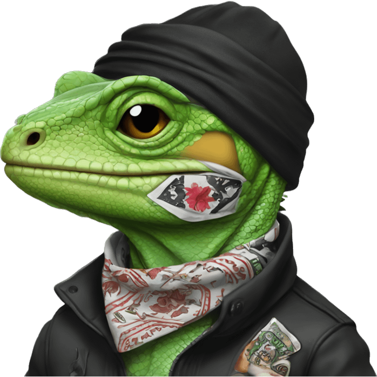 Lizard wearing a bandana with face tattoos smoking a black and mild emoji