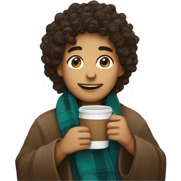 hispanic with curly hair in blanket drinking coffee emoji