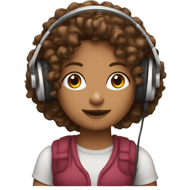 Brown curly haired girl wearing headphones sitting in front of a mic emoji