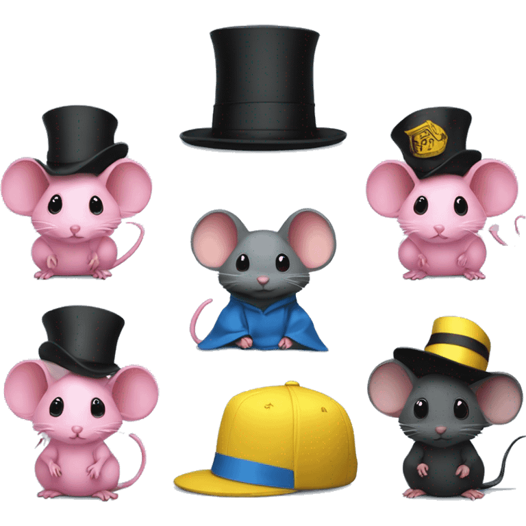 2 mice are siting on the floor. First mouse with pink dress , black shoes and yellow hat. Second mouse in blue suit, black shoes , and black hat  emoji