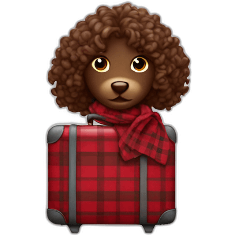 Chocolate colored doodle with wavy hair wearing a red and black flannel handkerchief with a carryon suitcase emoji