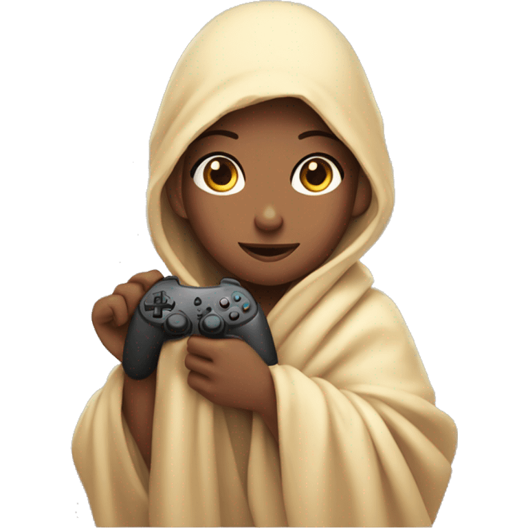 Girl wrapped up in a blanket with a gaming controller in her hands emoji