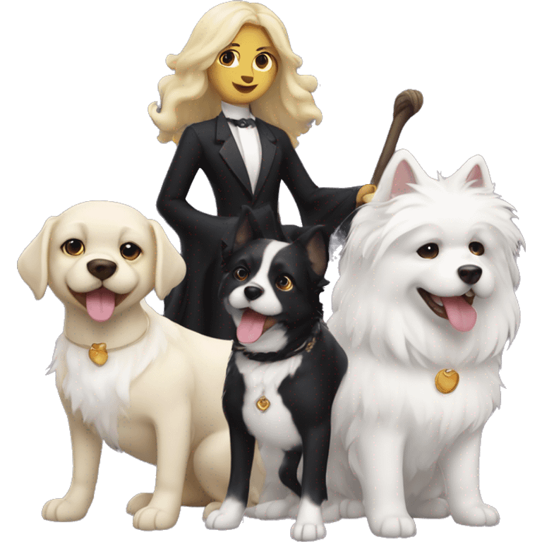 Witch with black hair and three dogs.  One short white fur, one with curly blond fur and a big black dog with white tuxedo  emoji