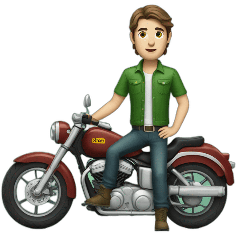 white skin men with brunette hair and green eyes in a green motorbike emoji