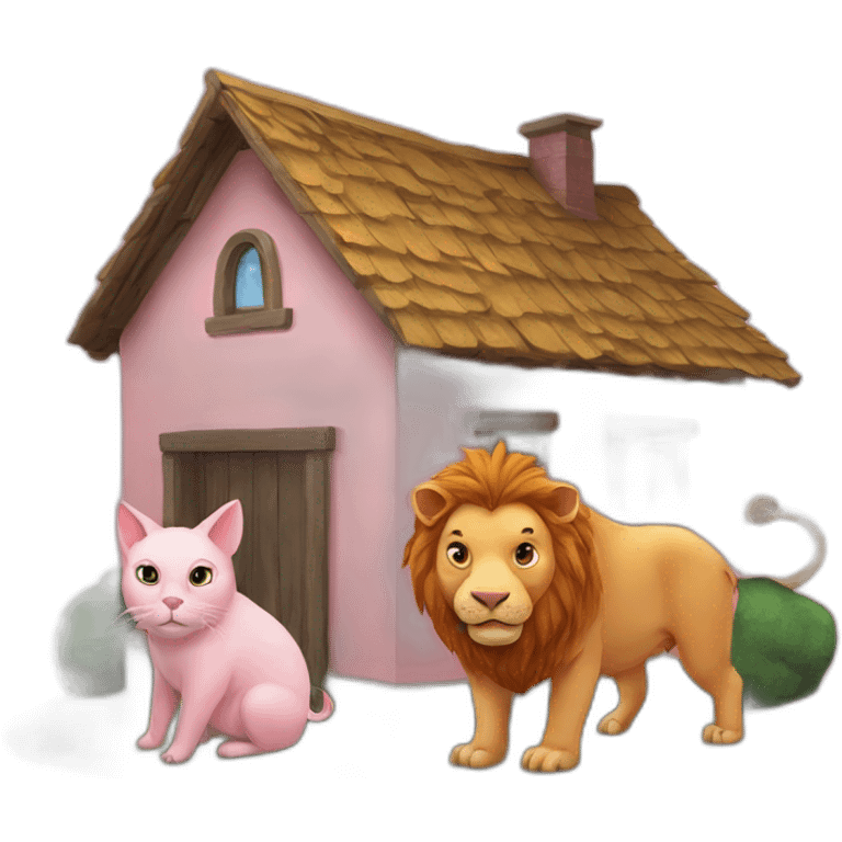 Pig and a cat and a lion on a house emoji