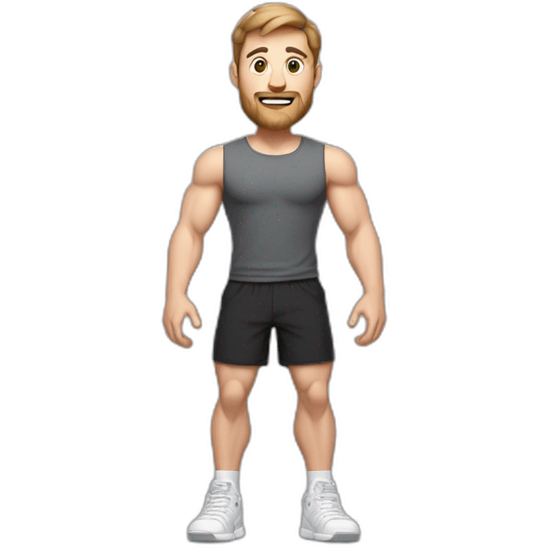 Full height Actively gesturing with hands Pale skinned Fit Man With the biceps and brown hair in dark gray Sleeveless Mike, black oversize sports shorts, watch and white Sneakers emoji